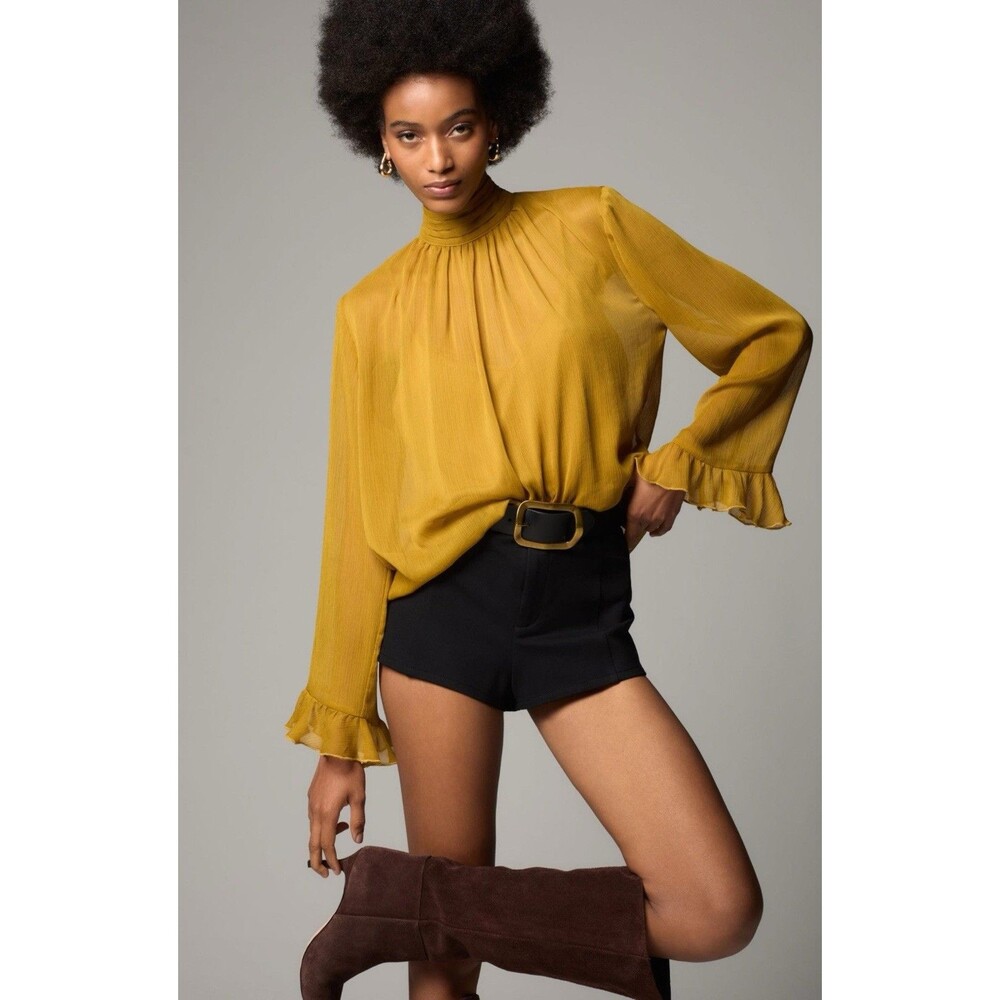 Anthropologie  Sheer Blouse Long Sleeve Yellow High Neck Preppy Retro Medium NWT